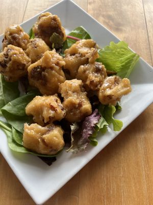 Fried cauliflower with agave garlic sauce- delicious!!  at Root in Lancaster