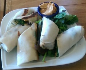Black bean and corn spring rolls with a spicy "mayo" at Root in Lancaster