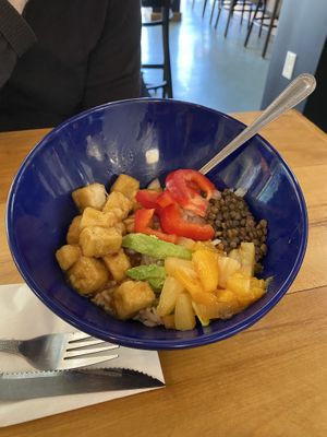 Jamaican Bowl- Tofu in a Jamaican Jerk Sauce, Lentils served over Rice with Tropical Salsa, Peppers, Onions & Avocado  #Veganuary at Root in Lancaster