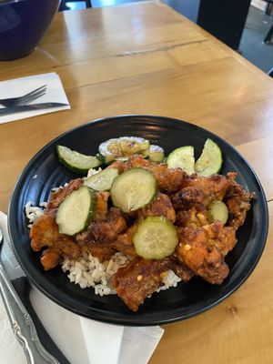 Nashville- Seasoned dredged Cauliflower served over Rice topped with a Nashville Hot Sauce and Vegetables  #Veganuary at Root in Lancaster