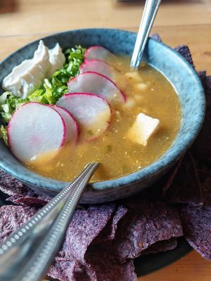 Pozole, a soup/dip combo with hominy and tofu at Root in Lancaster