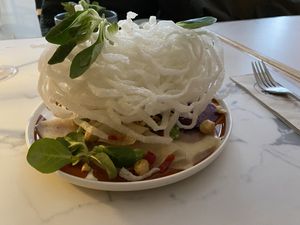 Beetroot with green beans, hazelnuts and crispy rice noodles. The rice thingy was put on the plate so inpractically, I had no idea how to eat it. Nonetheless, delicious.  at Kohvik Must Puudel in Tallinn