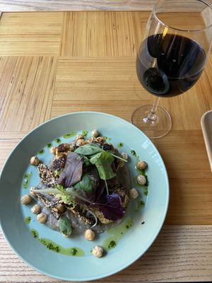 Cauliflower steak and kali (fermented drink)  at Kohvik Must Puudel in Tallinn