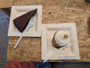 Vegan dessert: Sacher Torte and hazelnut pastry. at Basilico Food - Via Massarenti in Bologna