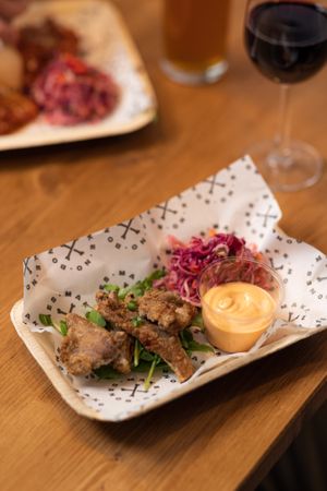 Crispy peppery mushrooms with sriracha mayo and slaw at Make No Bones in Sheffield
