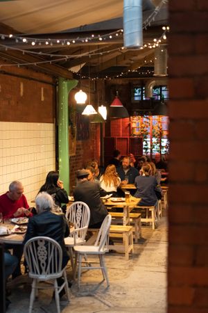 Dining area for Make No Bones vegan kitchen inside The Old Workshop venue at Make No Bones in Sheffield