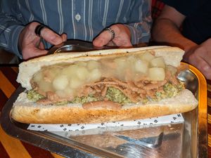 Roast 'pork' sandwich with stuffing and apple sauce at Make No Bones in Sheffield