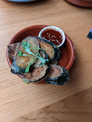 Courgette fritters with Korean sauce at Make No Bones in Sheffield