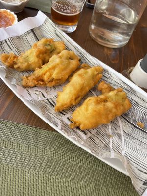 Fiori di zucca impastellati e fritti vegan  at Fior di Cucuzza in Matera