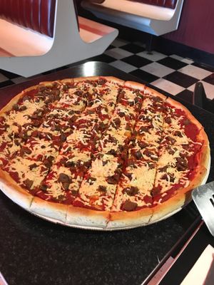 Vegan pizza with Vegan Sausage  at Pizza D'Action in Holyoke
