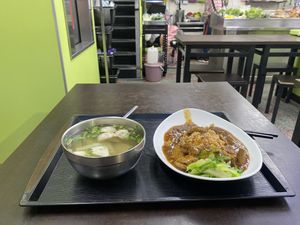 Rice with veggie lamb and gravy with veggie meatball soup  at Fou Shi Yuan in Tainan