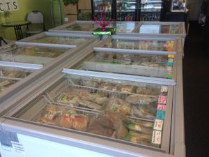 Freezer case at Vegetarian World in Christchurch