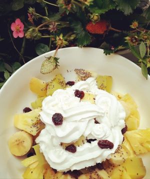 vegan bowl with fruits and vegan cream  at Xuong Vegan - Atelier Vegan in Hanoi