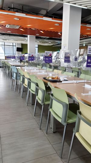 seating space - individual seats with screens because of Covid at Seoul National University Vegan Buffet 서울대학교 채식뷔페 in Seoul