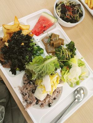 fresh fruit always goes fast, and don't pass up on the acorn jelly! at Seoul National University Vegan Buffet 서울대학교 채식뷔페 in Seoul