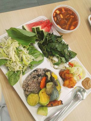 the darker green leafy veg with the gochugaru on top...a must!! at Seoul National University Vegan Buffet 서울대학교 채식뷔페 in Seoul