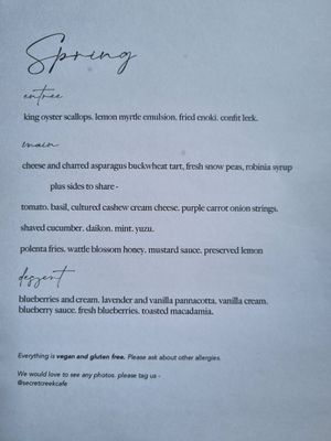 Menu at Secret Creek Cafe in Lithgow