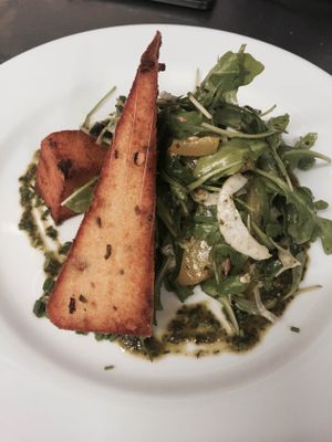 Goats Cheese & Pistachio Polenta Fritter, Poached Pear, Fennel Shavings (veggie) at Broadcast in Glasgow