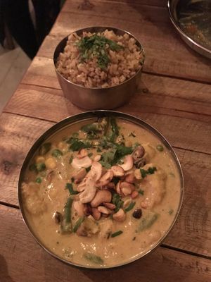 Cashew and coconut chick’n Korma with 3 grain pilau at Spice Box in East London