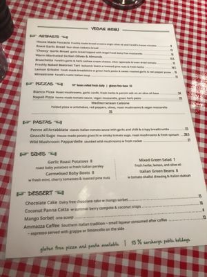 Vegan menu at Farelli's Trattoria in Queenstown