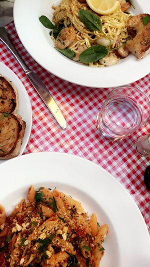 Penne Arabbiata and vegan garlic bread at Farelli's Trattoria in Queenstown