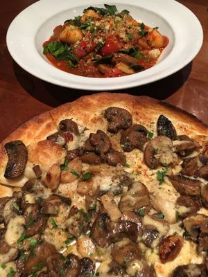 Mushroom pizza (bottom) and gnocchi (top) at Farelli's Trattoria in Queenstown