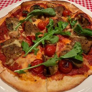 Vegan sopressa salami pizza  at Farelli's Trattoria in Queenstown