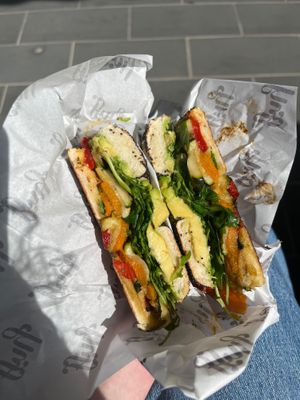 #10 Roast Veggies, Avo & Rocket ($13.50) at Huff Bagelry in Mentone