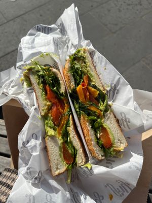 #10 Roast Veggies, Avo & Rocket ($13.50) at Huff Bagelry in Mentone
