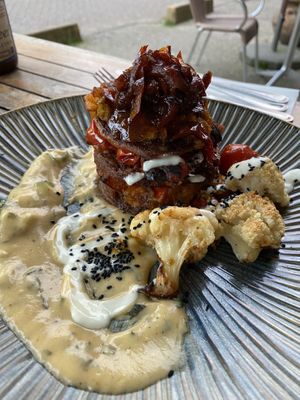 Lentil pancakes with pumpkin curry  at Bloem in Amsterdam