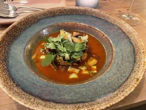 Mushrooms in kimchi soup  at Bloem in Amsterdam