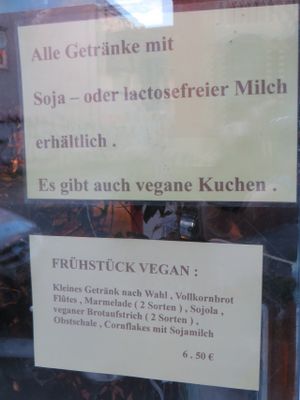 vegan options announced in the front window - fair enough ... at Cafe Schrill in Saarbrucken
