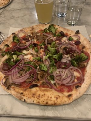 Veggie pizza with cashew cheese  at Pizza Barbone in Hyannis