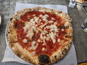 Marinara pizza with vegan mozzarella at Pizza Barbone in Hyannis