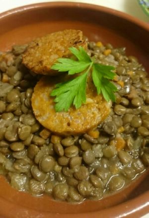 Lentejas con chorizo vegano at B12 in Los Cristianos