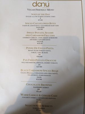 Menu as of May 18, 2023 at Danu Restaurant - Brehon Hotel in Killarney