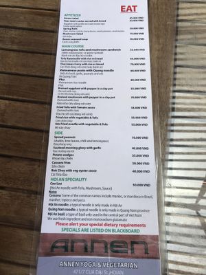 Updated food menu with 2019 prices at Annen Vegetarian & Yoga in Hoi An