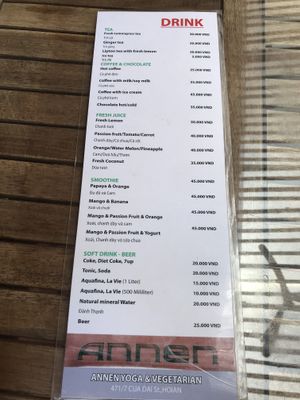 Updated drinks menu with 2019 prices at Annen Vegetarian & Yoga in Hoi An