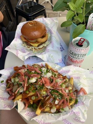 Burger and dirty fries  at Orinoco Vegan York in York