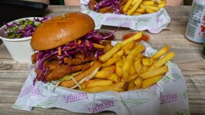 VFC Burger and Fries, with a side of Rainbow Slaw at Orinoco Vegan York in York