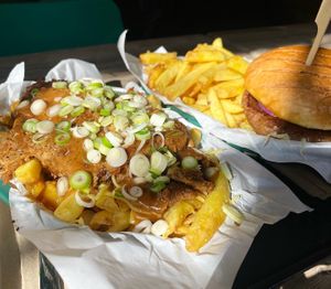 Cheesy beefy fries and seitan burger at Orinoco Vegan York in York