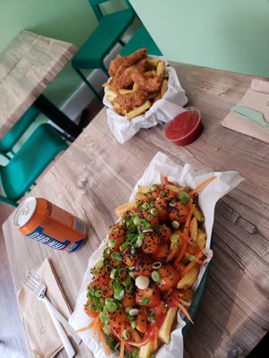 Irn bru tofu on fries. And vfc seitan n fries combo at Orinoco Vegan York in York