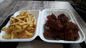 Vegan fried chicken and chips yum at Orinoco Vegan York in York