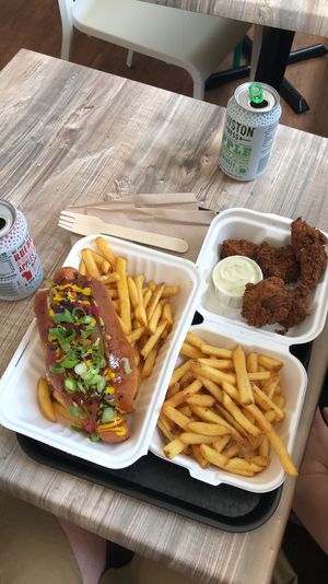 Hot dog and seitan chicken pieces with an extra chips! This was so tasty, would definitely recommend.  at Orinoco Vegan York in York