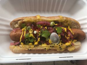 Cheese and pickle hotdog  at Orinoco Vegan York in York