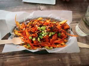 Irn bru tofu and chips - divine!! at Orinoco Vegan York in York