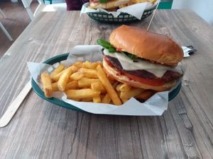 Burger and chips at Orinoco Vegan York in York