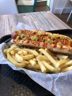Spicy hot dog  at Orinoco Vegan York in York