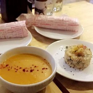 Olivier salad, lentils soup and wrapped falafel  at Loving Hut  in Moscow