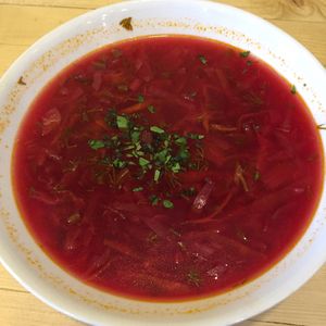 beetroot soup at Loving Hut  in Moscow